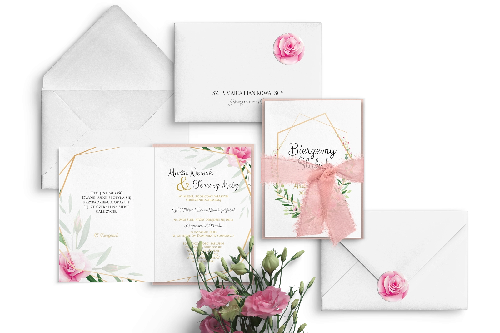 Delikatne Zaproszenia ślubne Flowers & Frame w odcieniu pudrowego różu z piękną wstążką szyfonową i białą kopertą