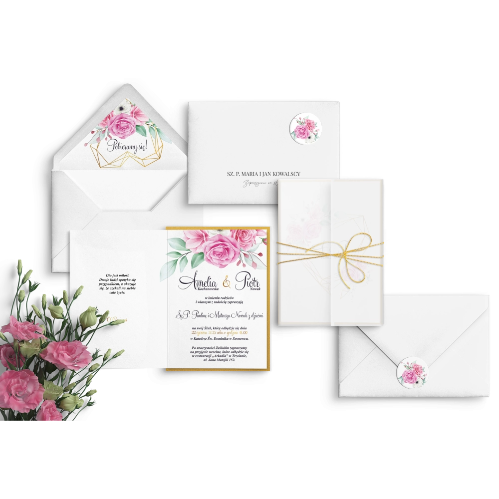 Eleganckie Zaproszenia ślubne Geometryczne Serce z podklejką złotą, obwoluta z kalki i sznurkiem