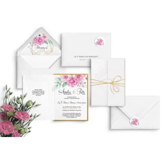 Eleganckie Zaproszenia ślubne Geometryczne Serce z&nbsp;podklejką złotą, obwoluta z&nbsp;kalki i&nbsp;sznurkiem