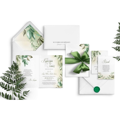 Oryginalne zaproszenie liściaste z piękną wstążką satynową w kolorze zielonym i dwoma wkładkami
