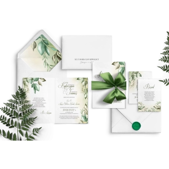 Oryginalne zaproszenie liściaste z&nbsp;piękną wstążką satynową w&nbsp;kolorze zielonym i&nbsp;dwoma wkładkami