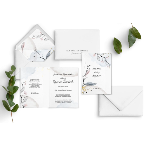 Delikatne akwarelowe składane  Zaproszenia ślubne Watercolor Wedding z kopertą i wklejką