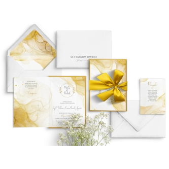Zaproszenia ślubne Glamour Ink Składane złote z&nbsp;białą kopertą oraz złotą wstążką