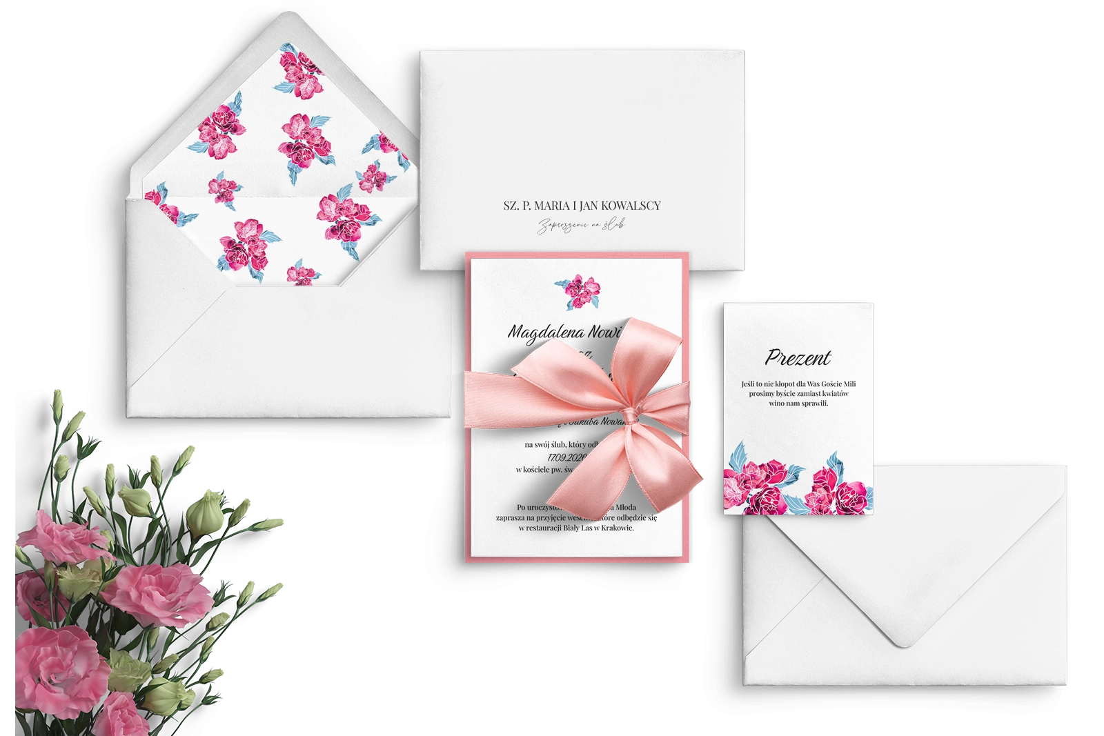 Romantyczne Zaproszenia ślubne Nature's Kiss z różową kokardą, kopertą oraz dodatkową wkładką