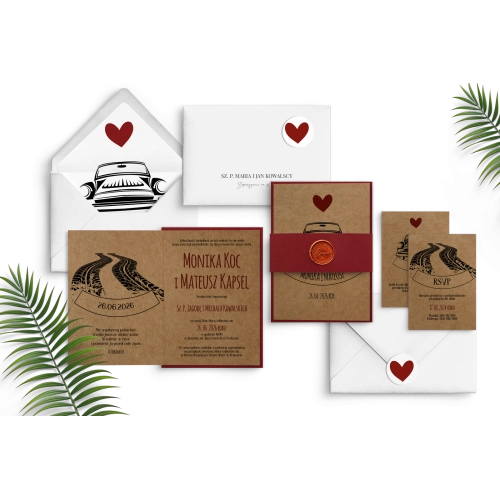 Nowoczesne zaproszenie ślubne z motywem podróżniczym i z bordowymi dodatkami