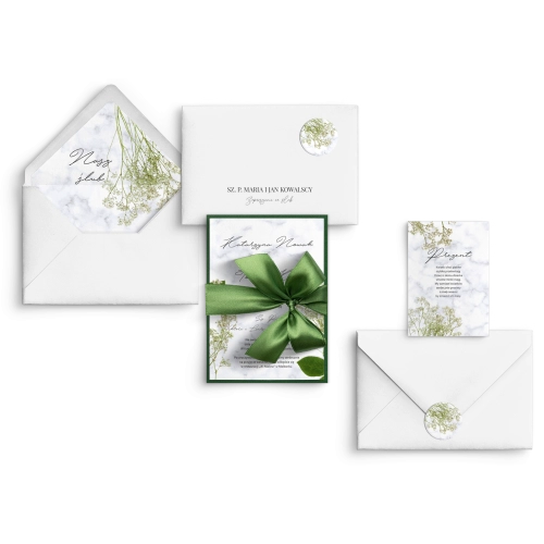 Zielone Zaproszenia ślubne Marble leaf - Motyw 3 z zieloną kokardą, kopertą i wkładką