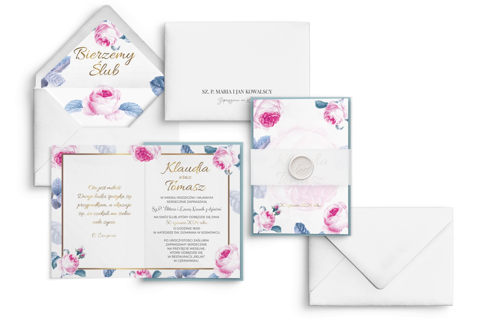 Kwiatowe Zaproszenia ślubne Dream z podklejką błękitną, opaska z kalki i lakiem