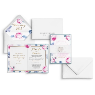 Kwiatowe Zaproszenia ślubne Dream z&nbsp;podklejką błękitną, opaska z&nbsp;kalki i&nbsp;lakiem