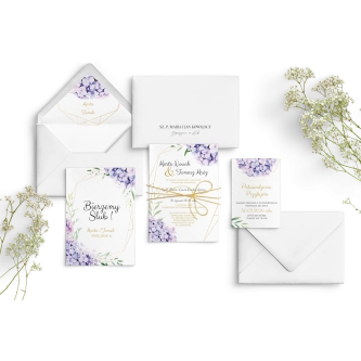 Eleganckie Fioletowe Zaproszenia ślubne Flowers & Frame ze złotym sznurkiem, dodatkowymi kartami i&nbsp;kopertą