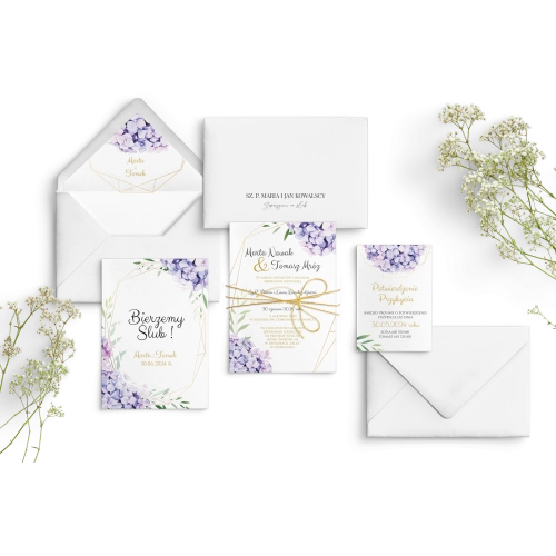 Eleganckie Fioletowe Zaproszenia ślubne Flowers & Frame ze złotym sznurkiem, dodatkowymi kartami i kopertą