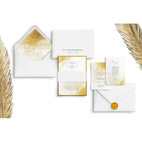 Złote Zaproszenia ślubne Glamour Ink z białą kopertą, złotą podklejką oraz obwolutą z kalki i dwoma wkładkami