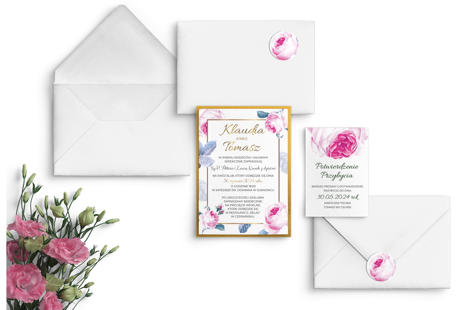 Złote Zaproszenia ślubne Dream z biała kopertą i zaklejką