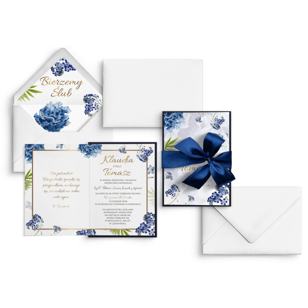 Zaproszenia ślubne Dream w odcieniach grantu, piękną kokardą i kopertą