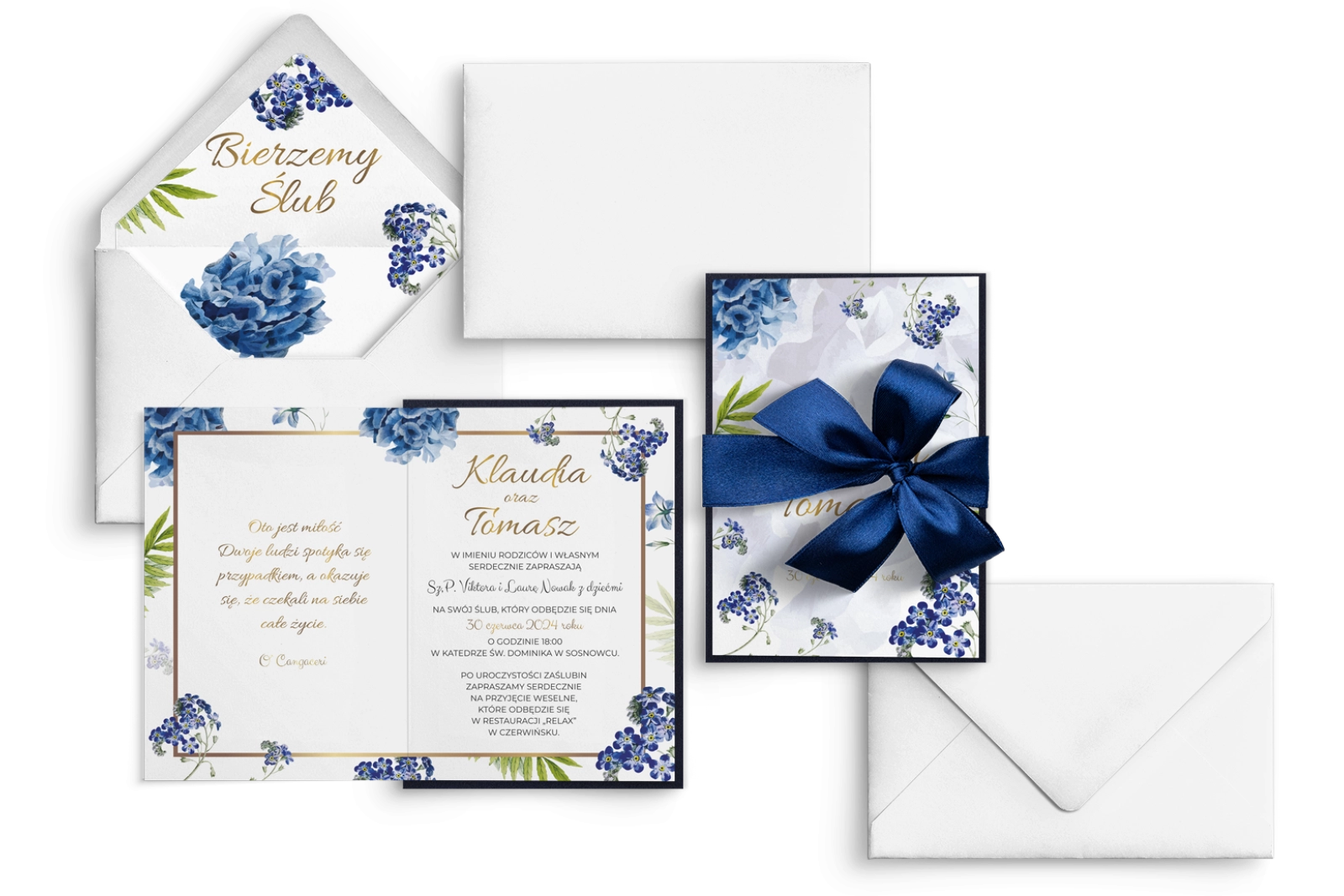 Zaproszenia ślubne Dream w odcieniach grantu, piękną kokardą i kopertą