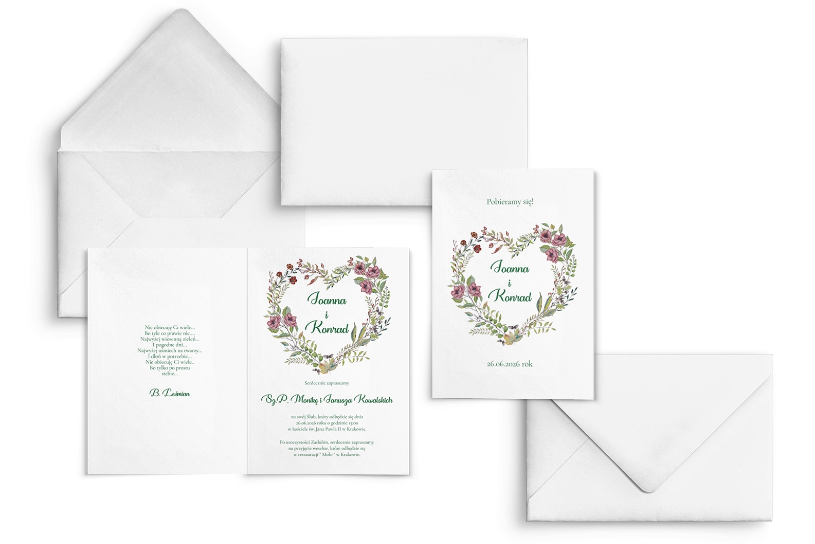 Zaproszenia ślubne Heart of Flowers - Składane motyw 3