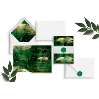 Zaproszenia ślubne Greenery - Składane z&nbsp;opaską z&nbsp;kalki, lakiem i&nbsp;złotą podklejką