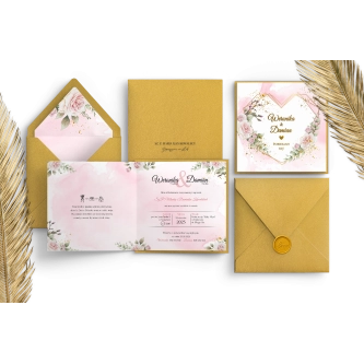 Złote zaproszenia ślubne Kwadratowe Składane Złote Serca ze złotą podklejką, kopertą i&nbsp;lakiem