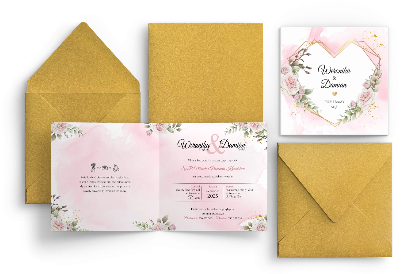 Zaproszenia ślubne Kwadratowe Składane Złote Serca - Motyw 1