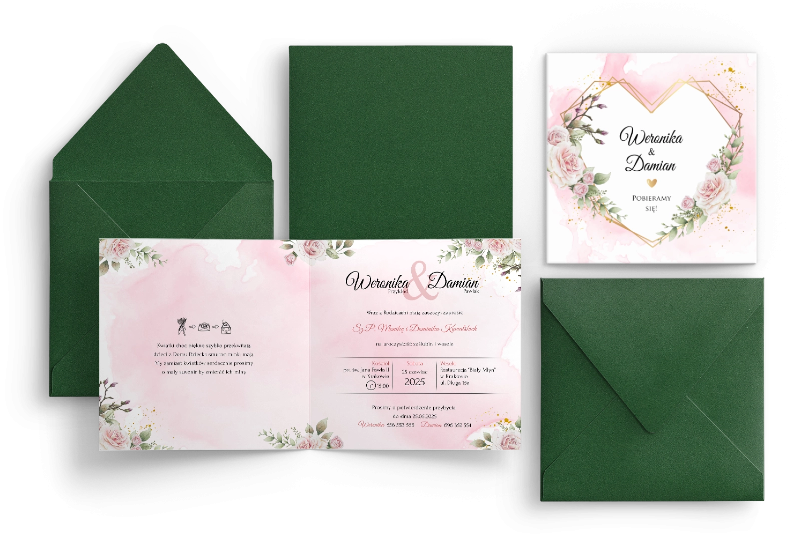 Zaproszenia ślubne Kwadratowe Składane Złote Serca - Motyw 1