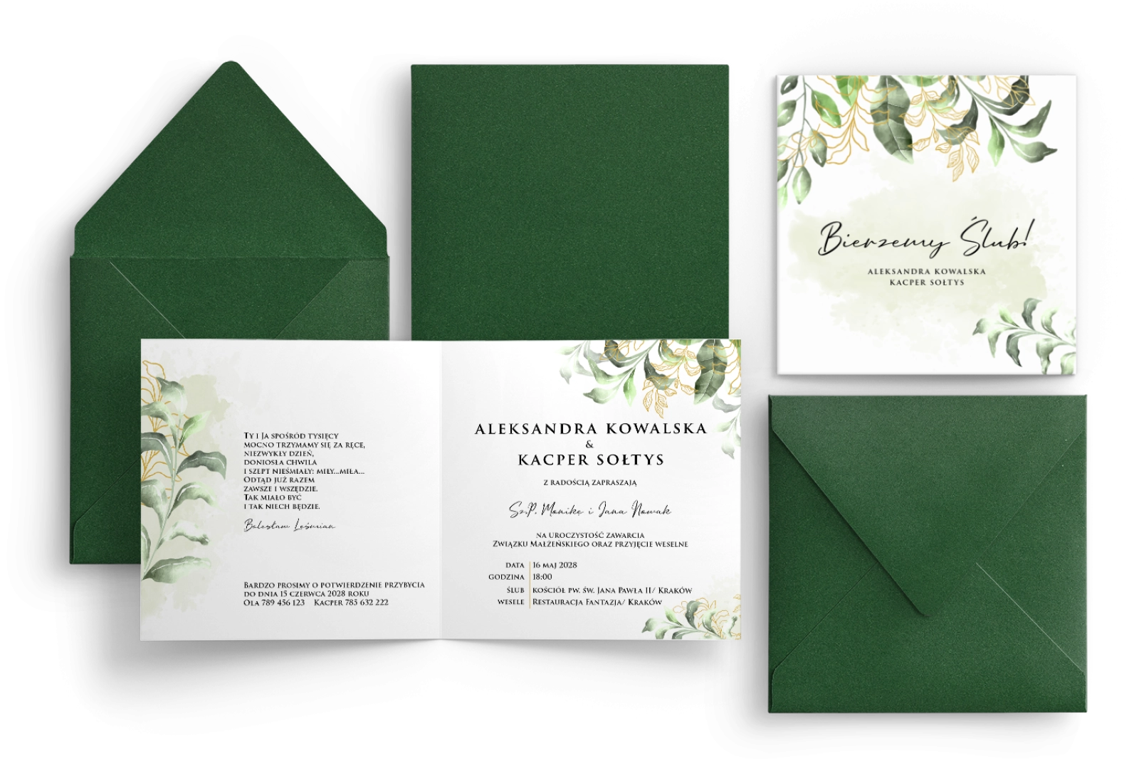 Zaproszenia ślubne Kwadratowe Składane Botanic Gold - Motyw 1