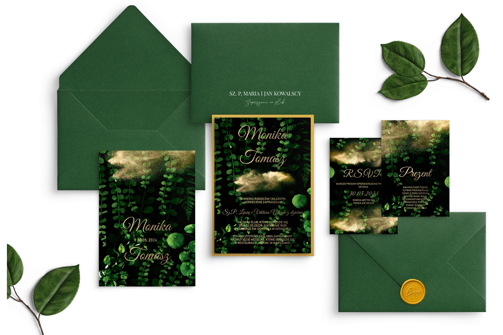 Zaproszenia ślubne Greenery z zieloną kopertą, złotym lakiem