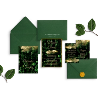 Zaproszenia ślubne Greenery z&nbsp;zieloną kopertą, złotym lakiem
