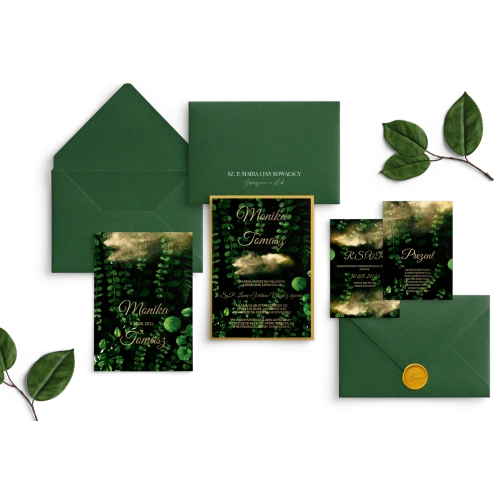 Zaproszenia ślubne Greenery z zieloną kopertą, złotym lakiem