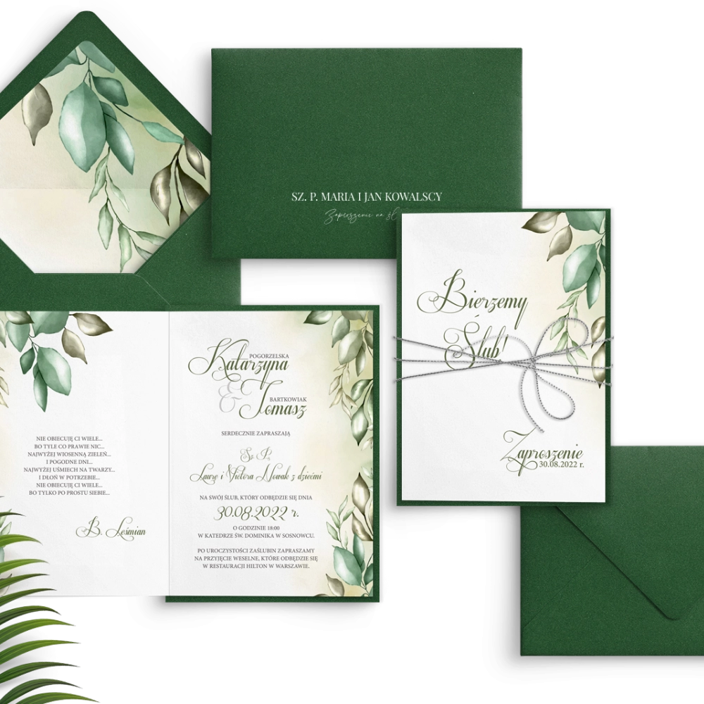 Piękne zaproszenie About You z dopasowaną kopertą w kolorze zielonym