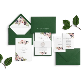 Zielone Zaproszenia ślubne PasteLove z&nbsp;zieloną kopertą, podklejką, wklejką, lakiem i&nbsp;obwolutą z&nbsp;kalki