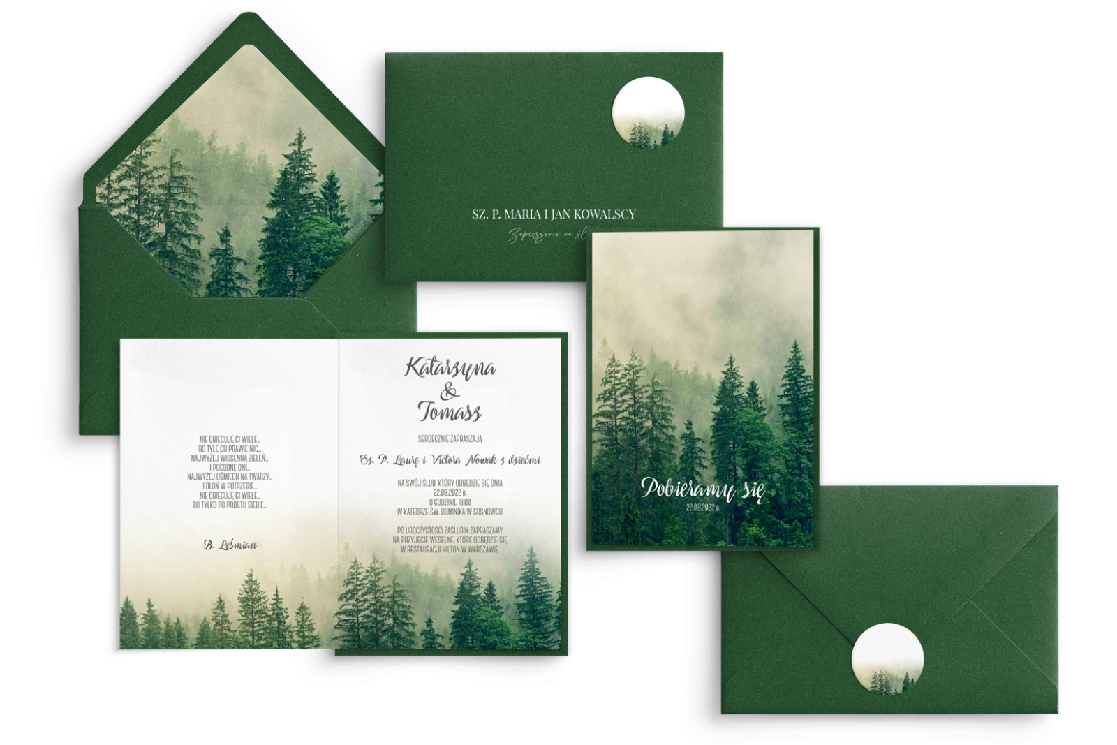 Zaproszenia ślubne Forest - Składane z piękną zieloną kopertą i papierem ozdobnym