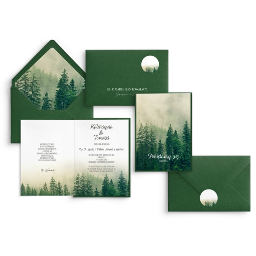 Zaproszenia ślubne Forest - Składane z piękną zieloną kopertą i papierem ozdobnym