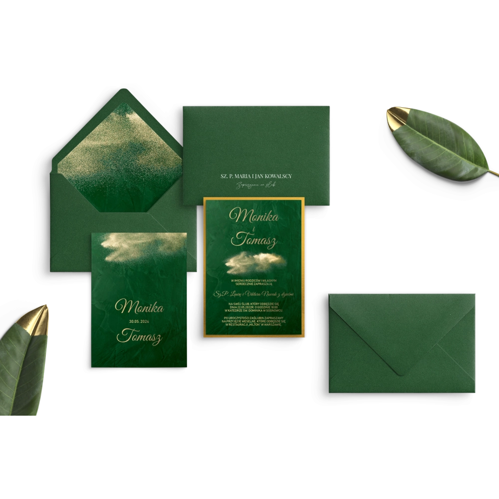 Zielone Zaproszenia ślubne Greenery z zieloną kopertą, wklejką i złotą podklejką