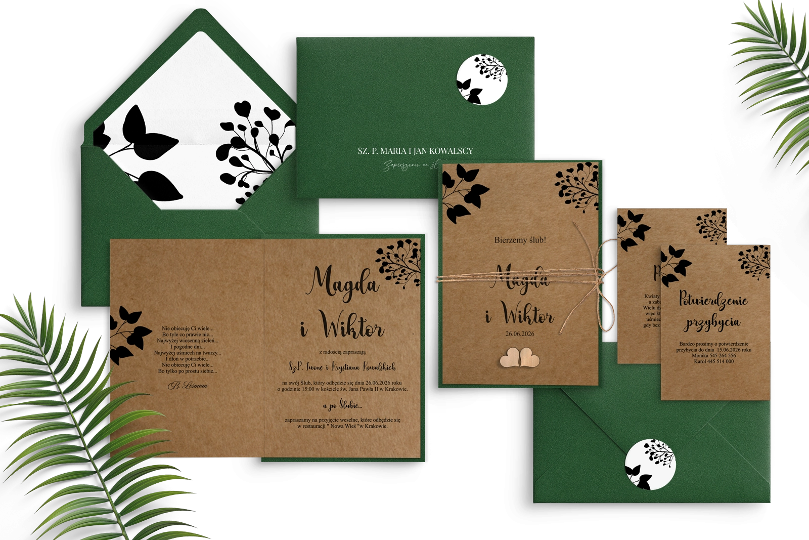 Piękne ekologiczne zaproszenie z drewnianym serduszkiem i zielonymi dodatkami