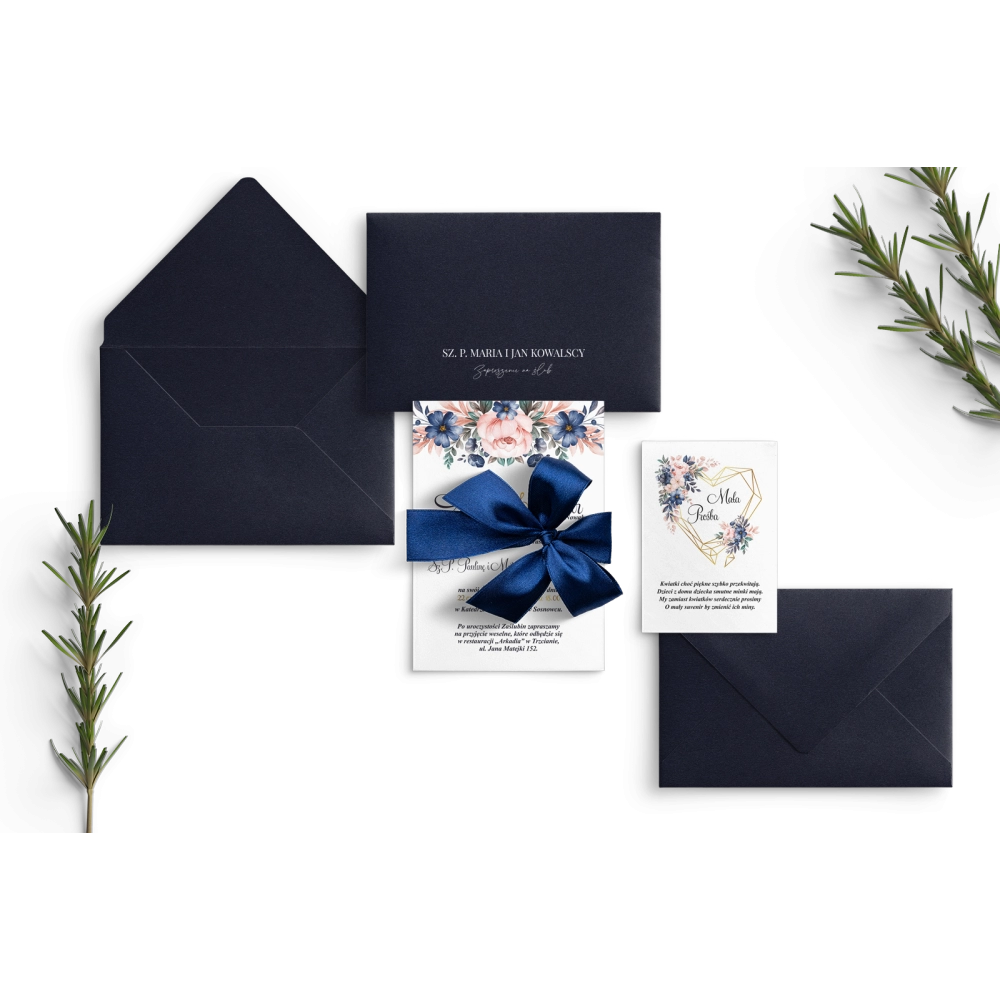 Granatowe Zaproszenia ślubne Geometryczne Serce z&nbsp;piękną kokardą, koperta i&nbsp;wkładką