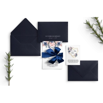 Granatowe Zaproszenia ślubne Geometryczne Serce z&nbsp;piękną kokardą, koperta i&nbsp;wkładką