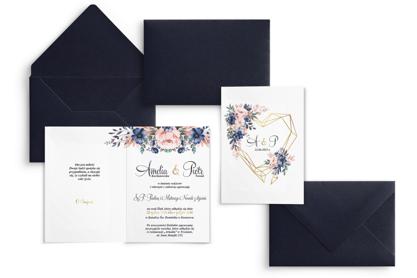 Zaproszenia ślubne Geometryczne Serce - Składane Motyw 2