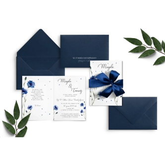 Niebieskie Zaproszenia ślubne Biały Czas z&nbsp;wstążką satynową oraz kopertą