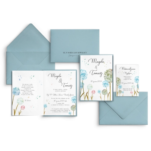 Błękitne Zaproszenia ślubne Biały Czas z kopertą oraz wkładką