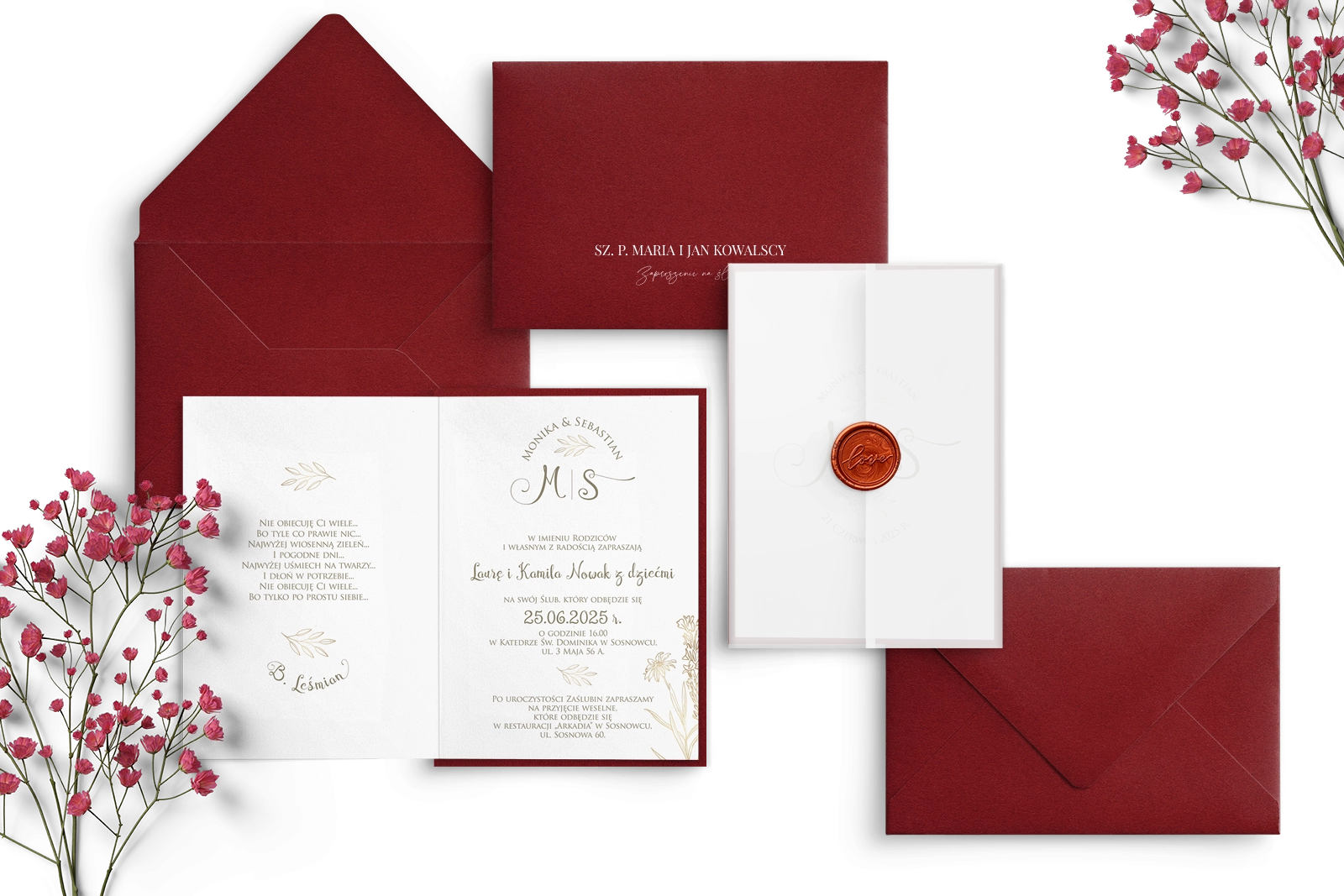Zaproszenia ślubne Fiori - Składane z bordową kopertą i podklejką oraz lakiem