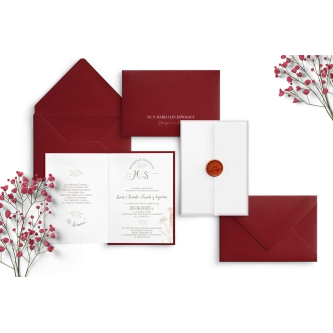 Zaproszenia ślubne Fiori - Składane z&nbsp;bordową kopertą i&nbsp;podklejką oraz lakiem