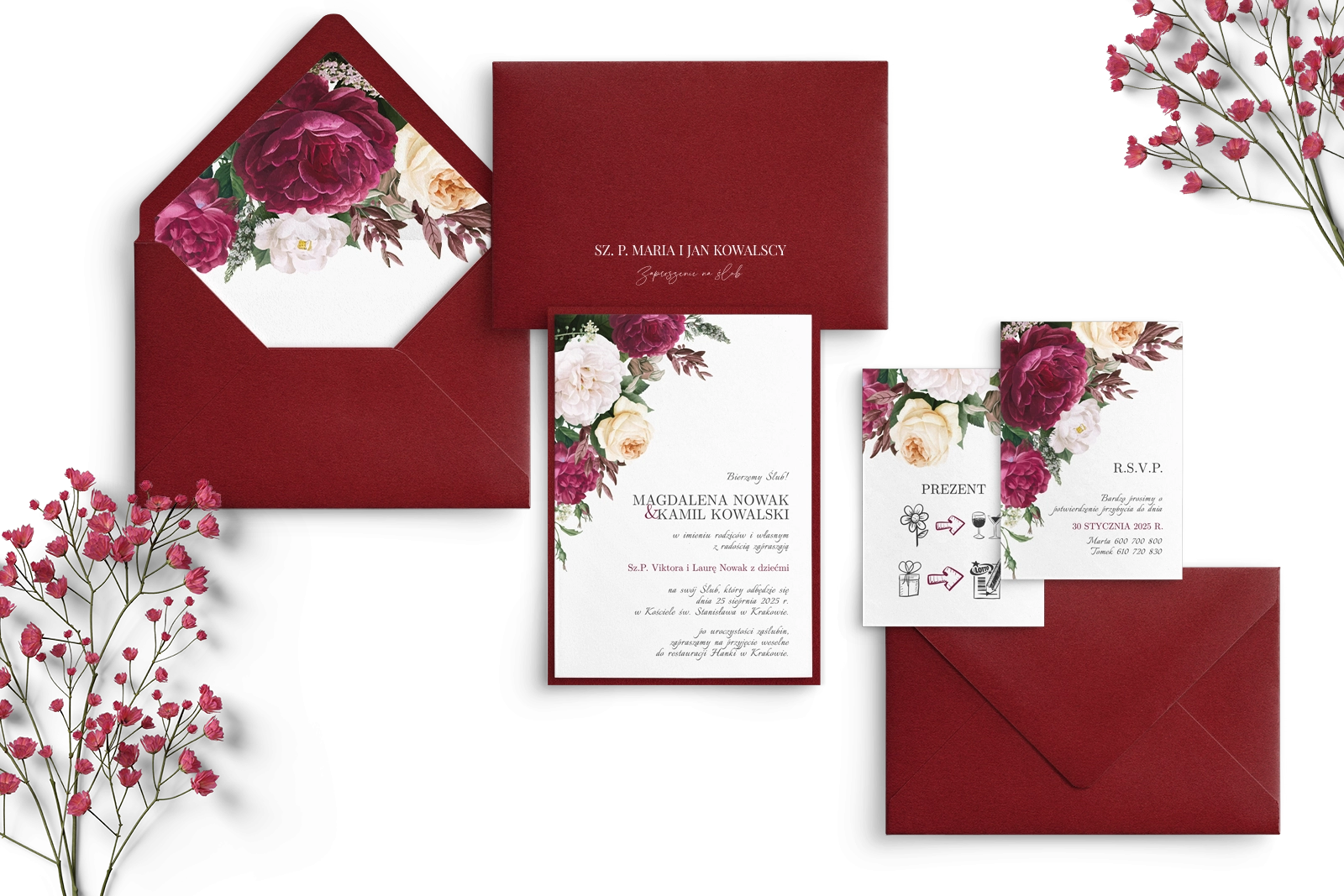 Piękne Bordowe Zaproszenia ślubne Fabello z papierem ozdobnym, dodatkowymi wkładkami i kopertą