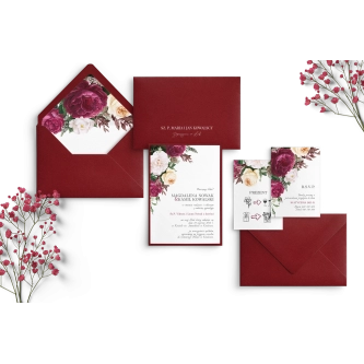 Piękne Bordowe Zaproszenia ślubne Fabello z&nbsp;papierem ozdobnym, dodatkowymi wkładkami i&nbsp;kopertą