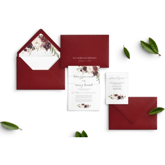 Bordowe Zaproszenia ślubne PasteLove z&nbsp;bordową kopertą, wkładką i&nbsp;białą personalizacją