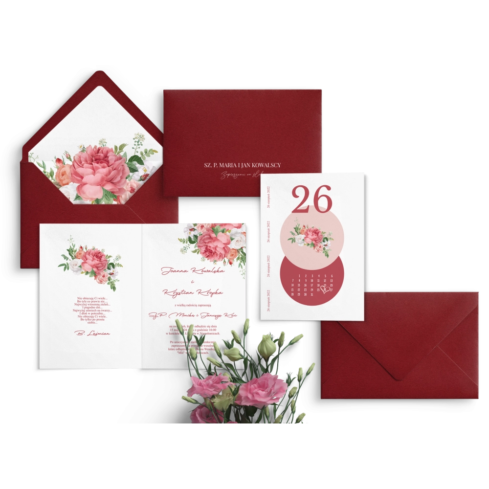 Zaproszenia ślubne Day kalendarz w jasno bordowym wydaniu