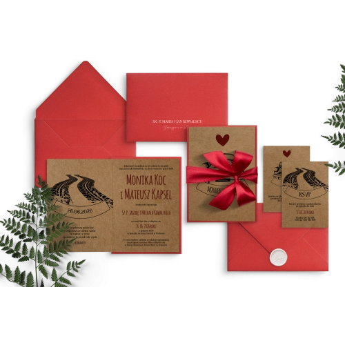 Oryginalne zaproszenie ślubne z samochodem oraz z piękną wstążką bordową i dwiema wkładkami