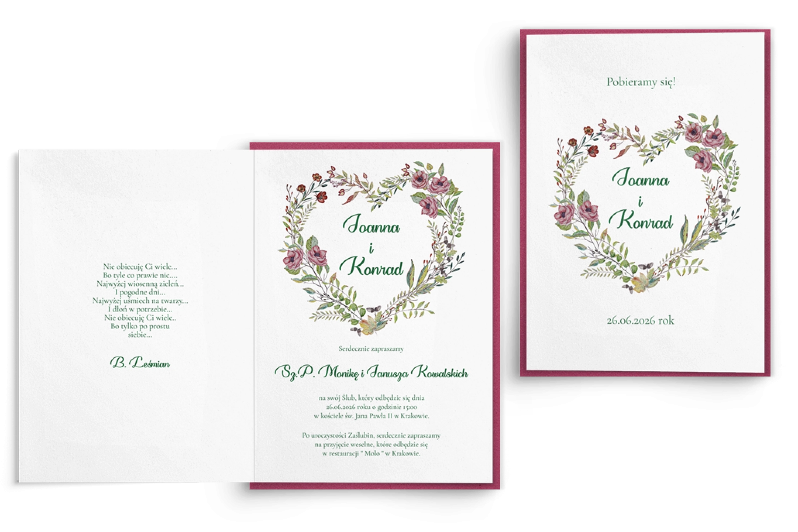 Zaproszenia ślubne Heart of Flowers - Składane motyw 3