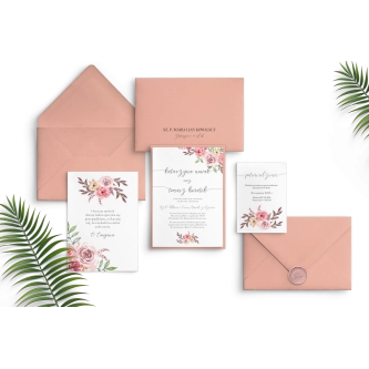 Różowe Zaproszenia ślubne PasteLove z&nbsp;kopertą różową, czarną personalizacją, wkładką, lakiem i&nbsp;dodatkową kartą