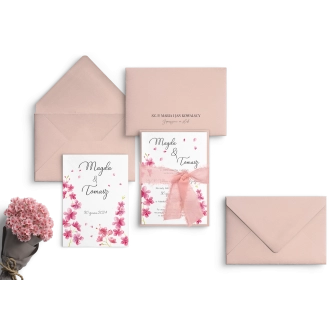 Piękne Zaproszenia ślubne Biały Czas z&nbsp;wstążką szyfonową, dodatkową kartą oraz kopertą