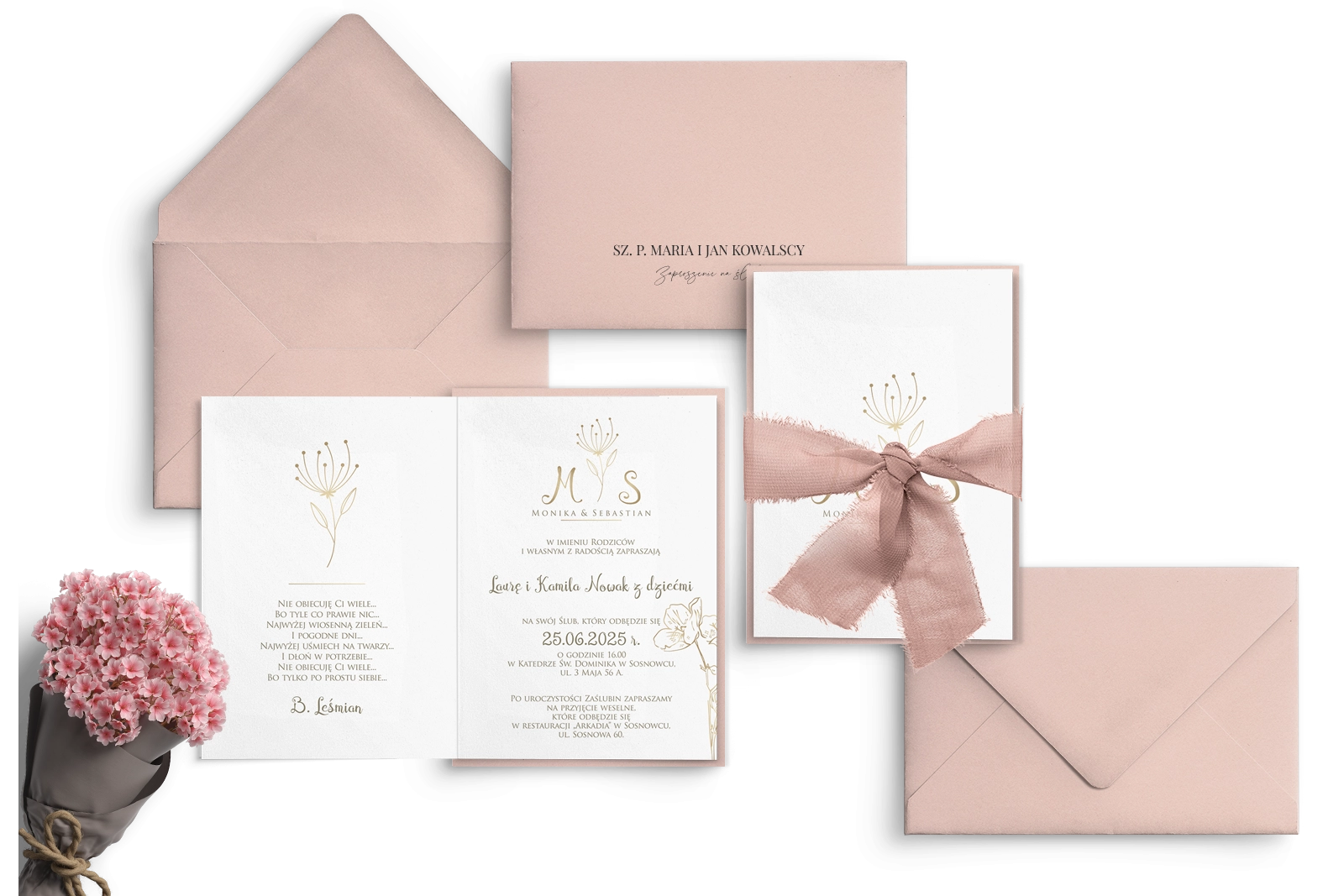 Minimalistyczne Zaproszenia ślubne Fiori z pudrowo różową kopertą oraz ze wstążką szyfonową