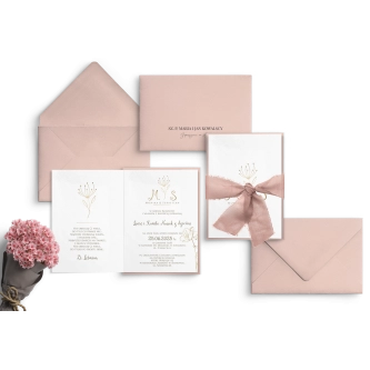 Minimalistyczne Zaproszenia ślubne Fiori z&nbsp;pudrowo różową kopertą oraz ze wstążką szyfonową